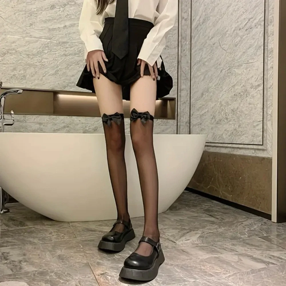 Black Bow Thin Light Smooth Tights Over‎ The Knee Socks Stockings One Size